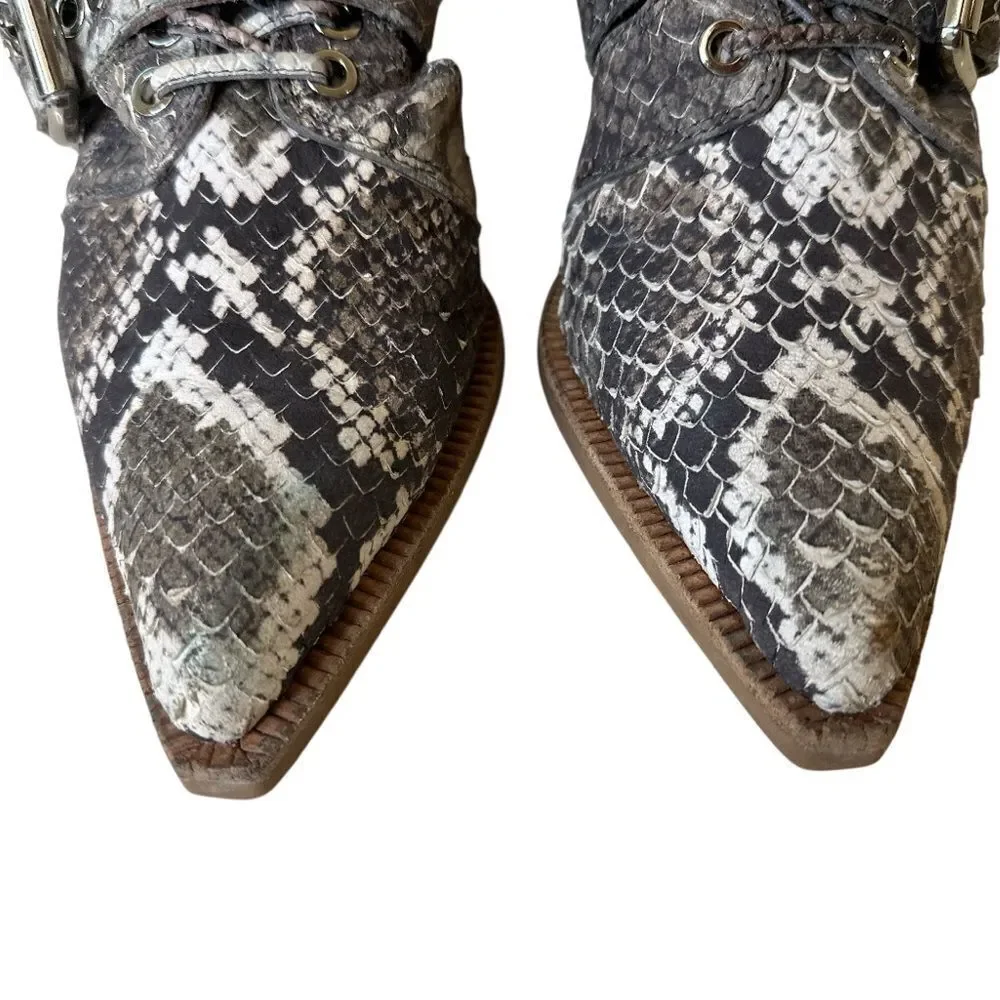 JEFFREY CAMPBELL Snakeskin Buckle Ankle Caceres Bootie in Brown & Grey Snake